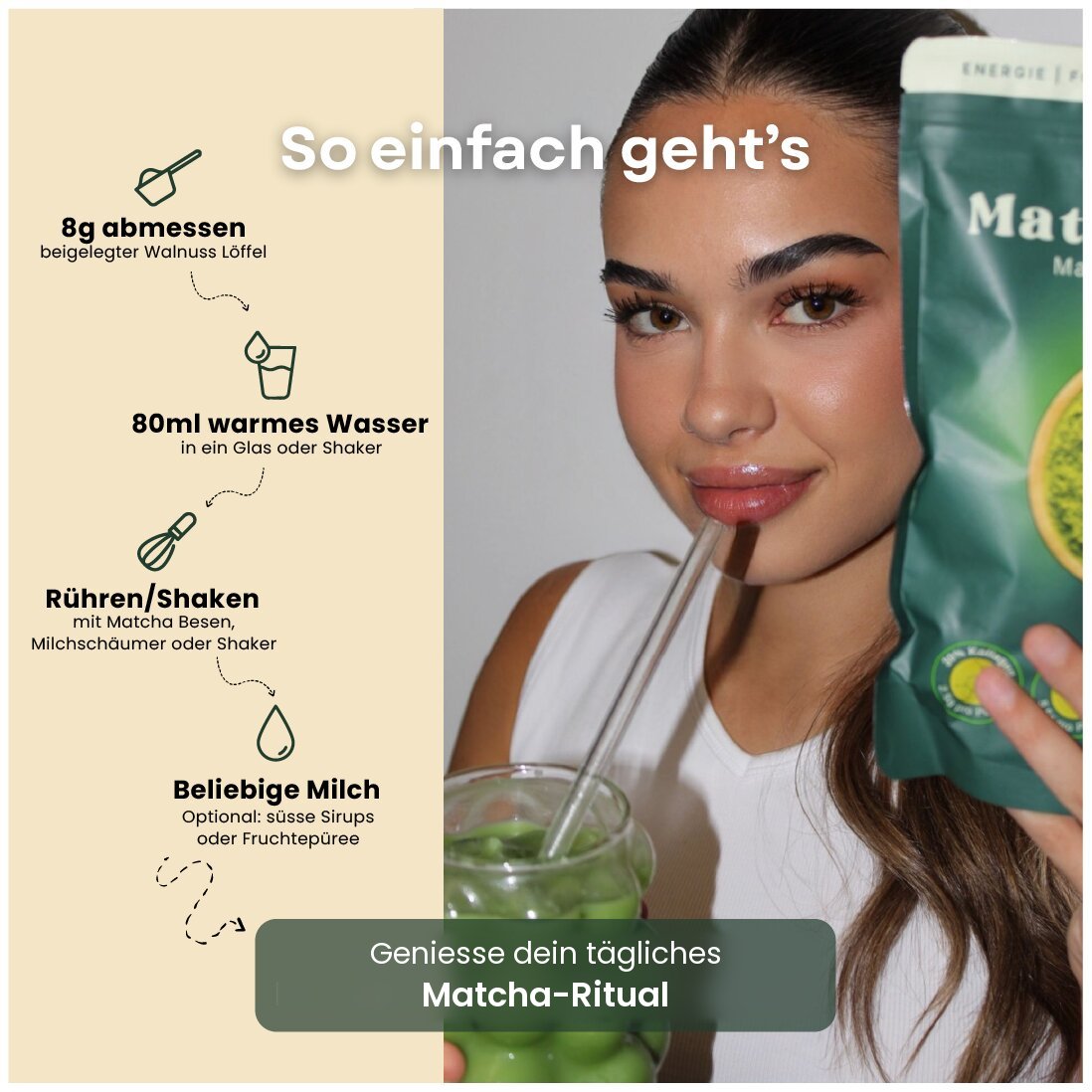 MatchaGlow-Zubereitung mit Pulver, Wasser und Milch in vier Schritten