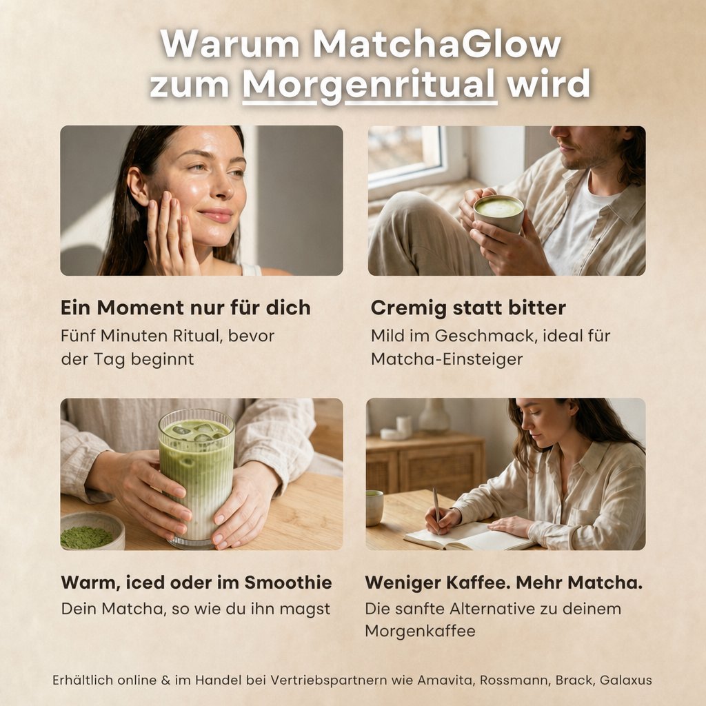Vier Alltagsszenen mit MatchaGlow und verschiedenen Matcha-Getränken